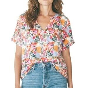 C&C California Linen Top Women 2X Lobster Tropical Bird Lemon Fruit Print Summer